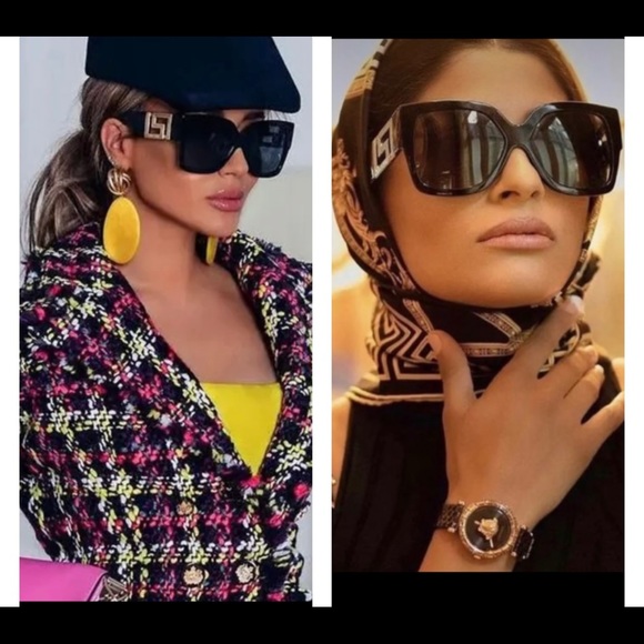 VERSACE STUNNING BLACK SQUARE FRAME SUNGLASSES WITH DRAMATIC GOLD GRECA LOGO - Picture 4 of 16